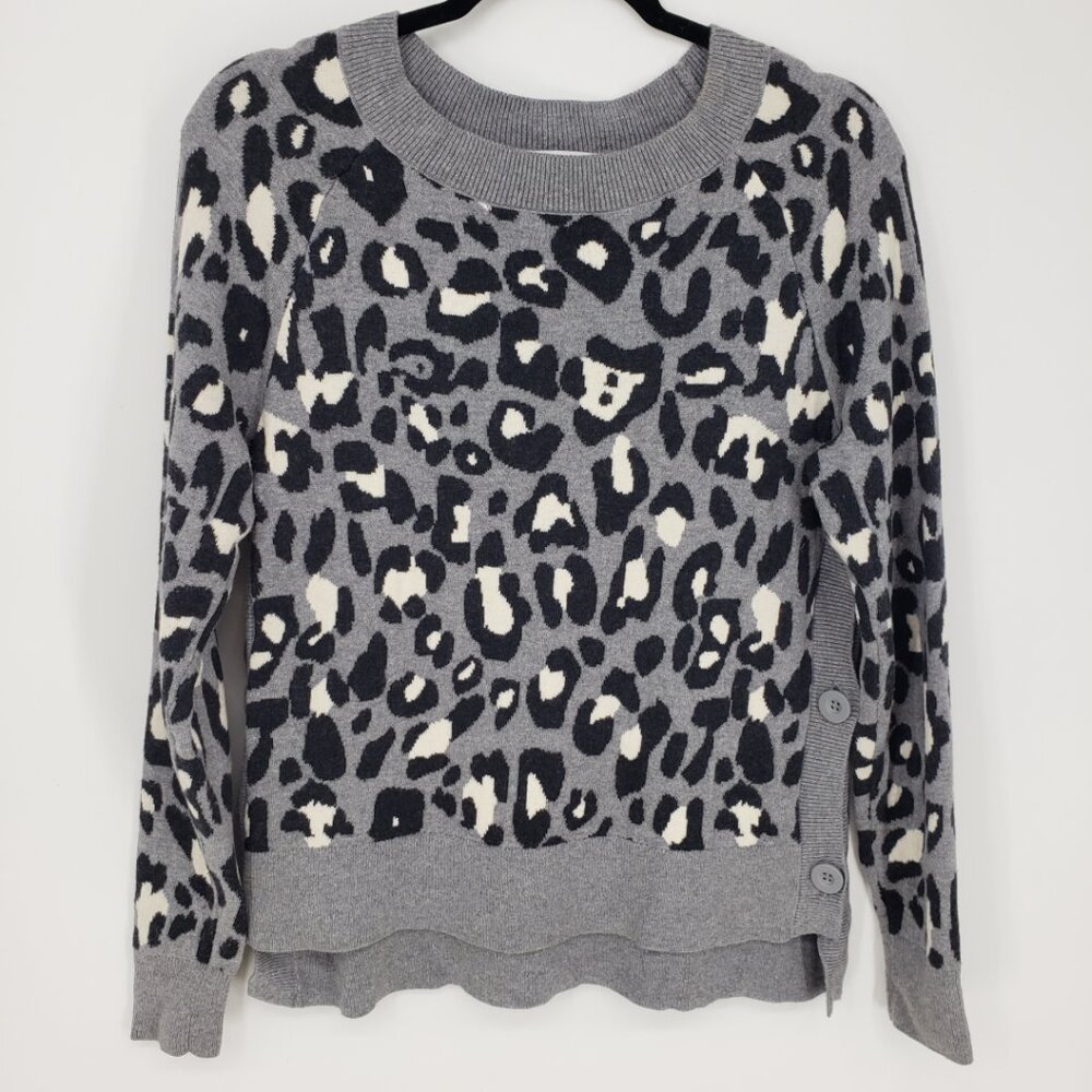 Stella & Dot Leopard Print Sweater S Button Sides High Low Hem Gray Black